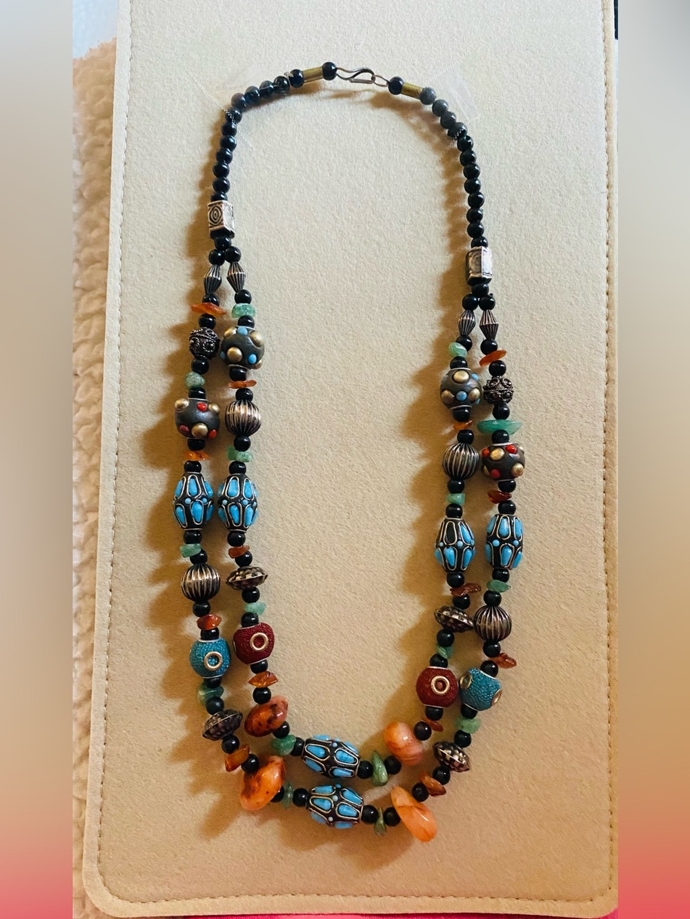 Vintage Multi Strand Ethnic Beaded Necklace Electic Boho Kuchi Green Red Stones